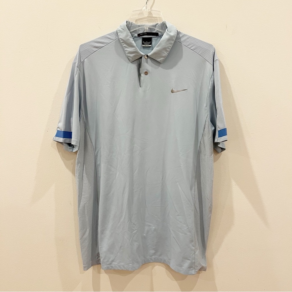 Nike Tiger Woods Polo Shirt Mens Medium Blue Snap Golf Short Sleeve Dri Fit FLAW